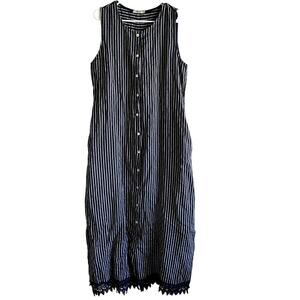 Lungo L'Arno Sheath Dress Button Up Stripe Sleeveless Lace Trim Linen Blue Large